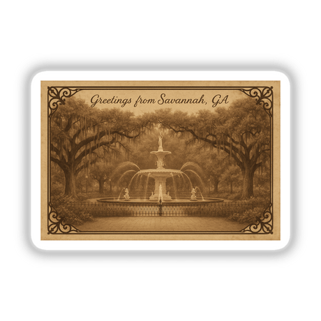 Greetings from Savannah Postcard Sticker or Clipart showcases vintage park art, available as stickers or digital artwork with commercial rights, embodying Decal Venue's unique vinyl and digital artistry.