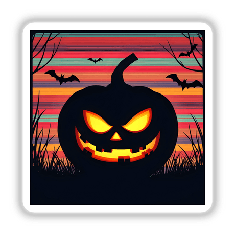 Pumpkin Silhouette with Bold Color Stripes Halloween design featuring a glowing jack-o'-lantern, flying bats, and grass, available as unique stickers or digital artwork from Decal Venue.