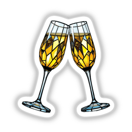 Champagne Glasses Stained Glass Art showcases two wine glasses with intricate yellow and black designs, available as stickers or digital artwork, reflecting Decal Venue's unique artistic flair.
