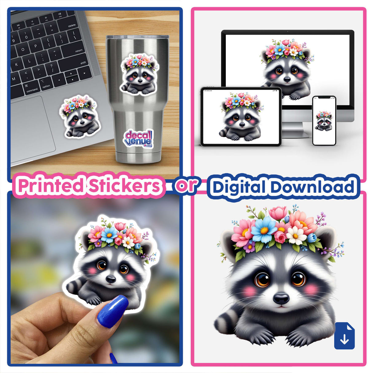 Adorable Raccoon Wearing a Floral Crown sticker, showcasing a raccoon with a vibrant floral crown, perfect for personalizing items or digital art, from Decal Venue's unique collection.