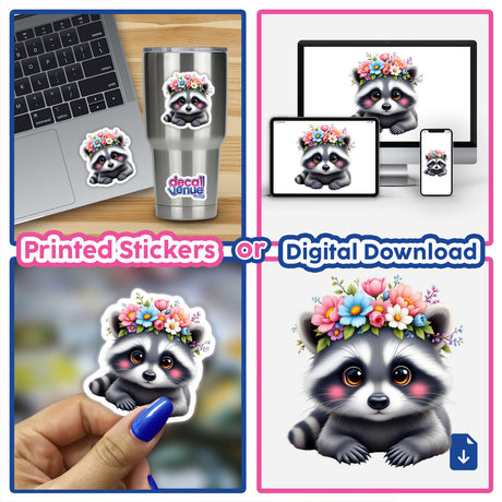 Adorable Raccoon Wearing a Floral Crown sticker, showcasing a raccoon with a vibrant floral crown, perfect for personalizing items or digital art, from Decal Venue's unique collection.