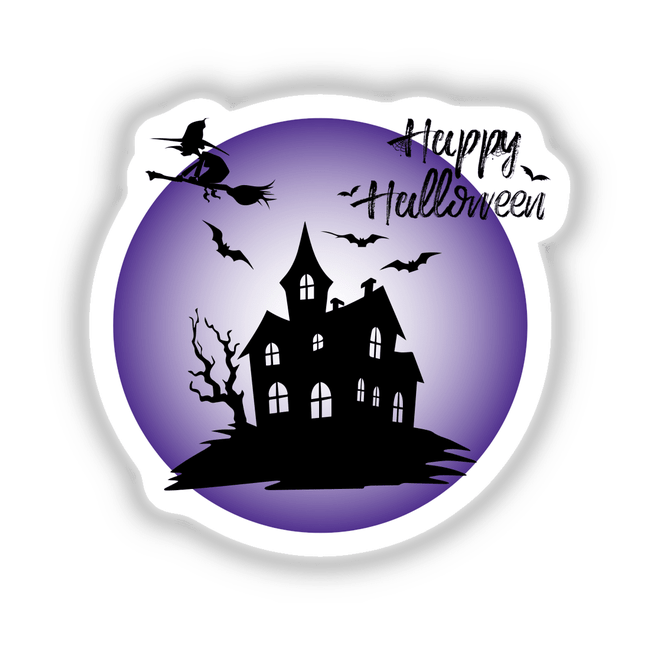 Happy Halloween sticker featuring a black silhouette of a house, bats, a tree, and a person flying on a broomstick. Available as stickers or digital artwork.