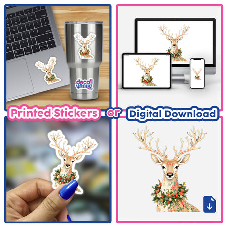 Chinoiserie Reindeer sticker collage featuring deer with antlers and floral adornments, available as unique stickers or digital artwork.