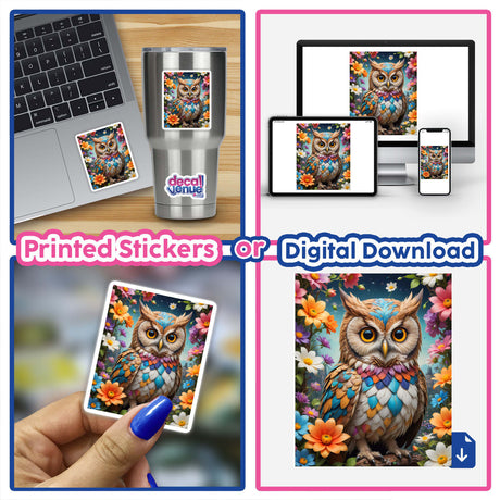 A Lovely Owl With Blooming Flowers depicted in a collage format, showcasing its availability as stickers or digital artwork, featuring vibrant owl illustrations entwined with floral elements.