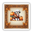 Adorable Fall Aesthetic Shichon Clipart featuring a dog in a sweater surrounded by pumpkins; available as stickers or digital artwork with commercial rights.
