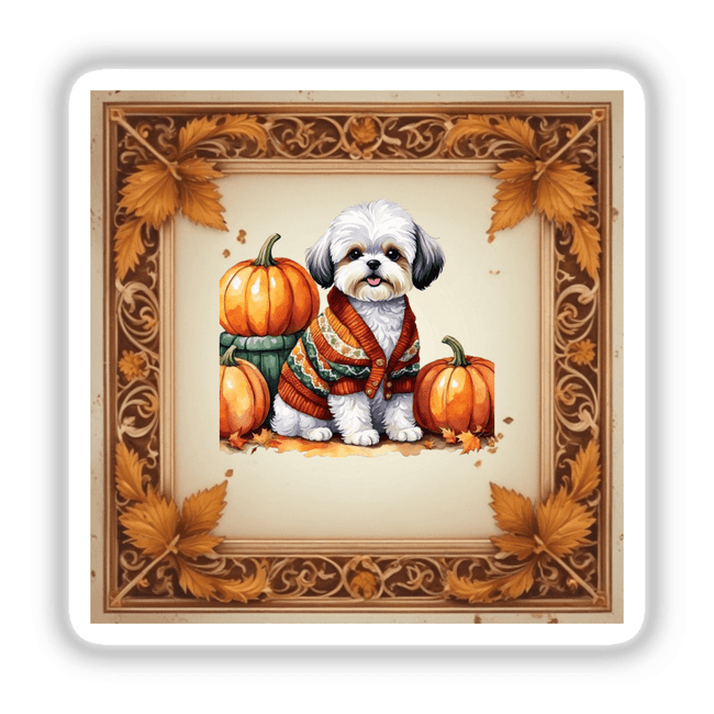 Adorable Fall Aesthetic Shichon Clipart featuring a dog in a sweater surrounded by pumpkins; available as stickers or digital artwork with commercial rights.
