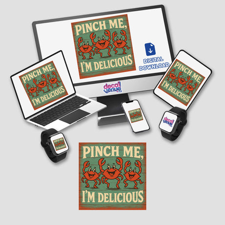 James River Crab Feast Sticker or Clipart features a Pinch Me I’m Delicious design, showcasing a stylized crab illustration, available as unique vinyl stickers or digital artwork with commercial rights.