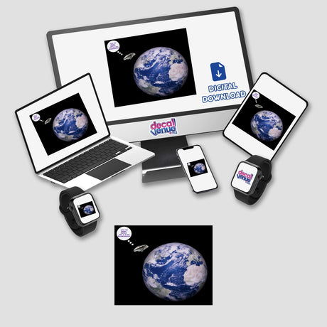 Computer monitor and laptop displaying the globe, part of the BAD NEIGHBORHOOD series, available as stickers or digital artwork.