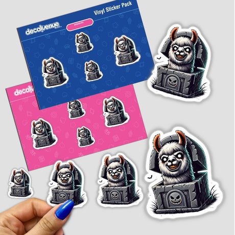 Spooky Halloween llama peeking out of a tombstone-shaped sticker in a vinyl sticker pack from DecalVenue, an online store offering unique decals, stickers, and digital art.