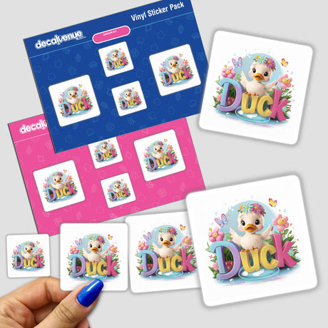Colorful vinyl stickers featuring a playful duck character surrounded by flowers and butterflies, displayed in a product packaging from Decal Venue, an online store offering unique digital artwork and stickers.