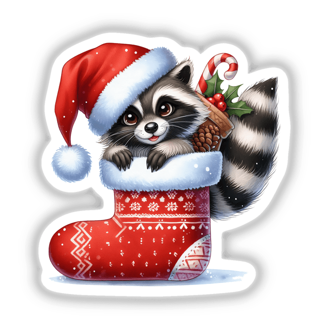 Cute Santa Raccoon in Christmas Stocking sticker or digital art, featuring a cartoon raccoon in a Santa hat holding a candy cane within a festive stocking.