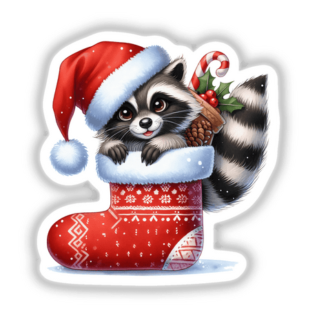 Cute Santa Raccoon in Christmas Stocking sticker or digital art, featuring a cartoon raccoon in a Santa hat holding a candy cane within a festive stocking.