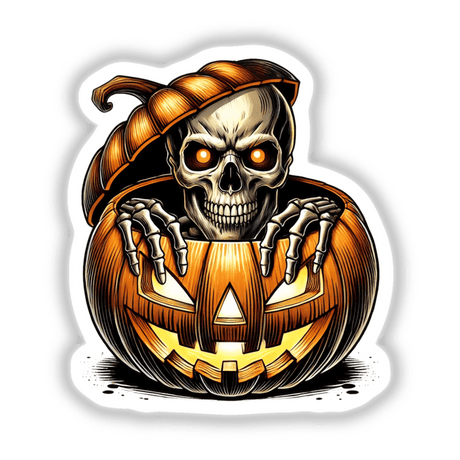 Spooky Halloween pumpkin with skeletal creature peeking out, digital artwork for stickers or decals