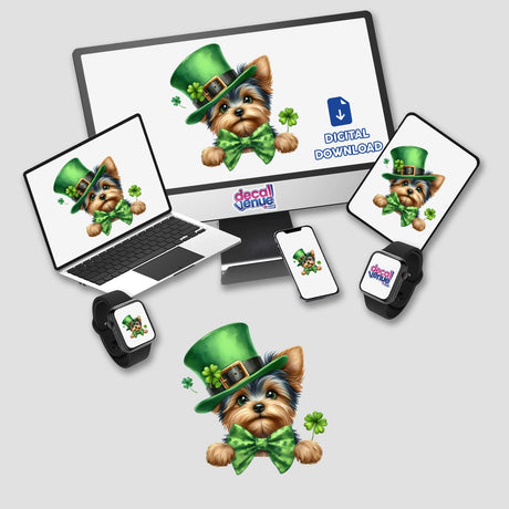 Watercolor Peeking St Patricks Yorkie Dog featured on a laptop, phone, and smartwatch, showcasing its charm as stickers or digital artwork from Decal Venue.