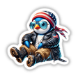 Cartoon penguin in a leather jacket and aviator sunglasses, titled Patriotic Leather Penguin Aviator Sunglasses, available as stickers or digital artwork.