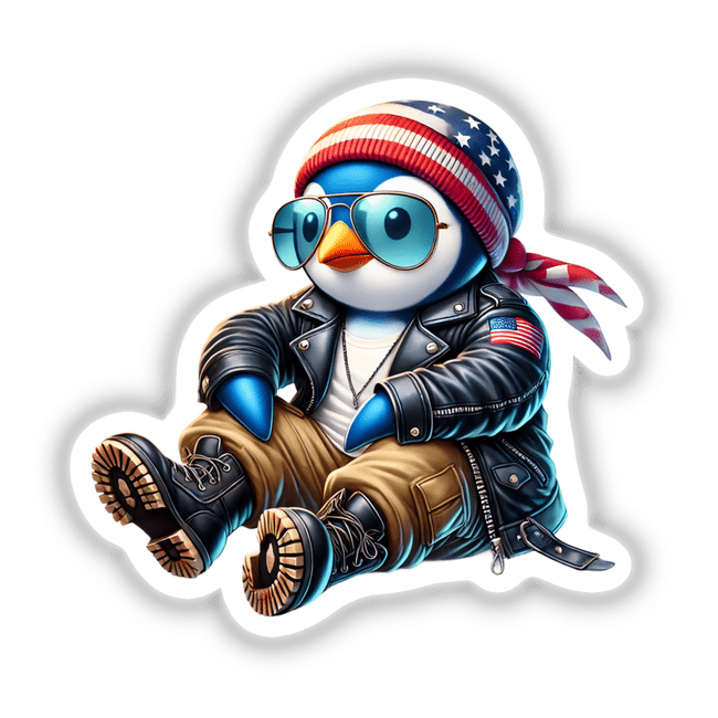 Cartoon penguin in a leather jacket and aviator sunglasses, titled Patriotic Leather Penguin Aviator Sunglasses, available as stickers or digital artwork.