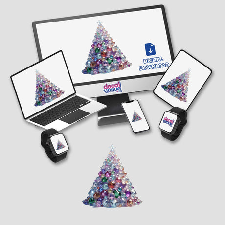Gemstone Christmas Tree displayed on a computer monitor and laptop, showcasing vibrant digital artwork available as stickers or digital art from Decal Venue.