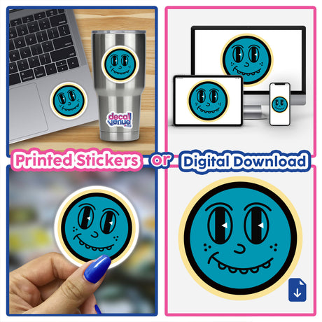 Smiley Nerd Face sticker displayed on a laptop, featuring a blue face with black outlines, offered as a fun and unique option from Decal Venue.