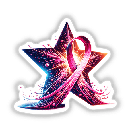 Shining Star Pink Ribbon Breast Cancer Awareness sticker or digital artwork features a vibrant star design intertwined with a pink ribbon, symbolizing support and awareness.