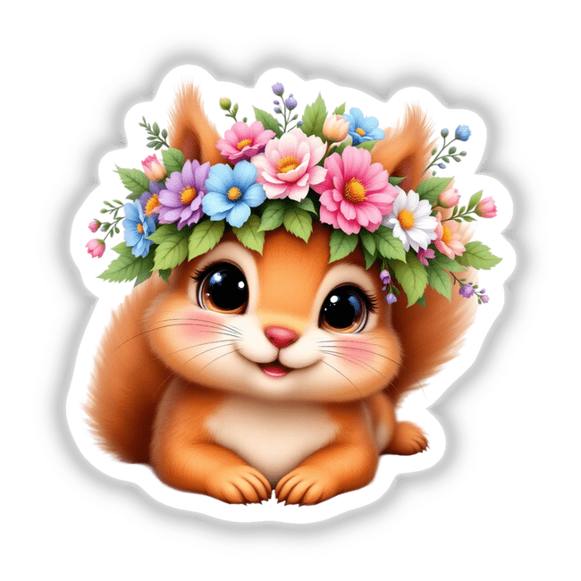 Charming Squirrel with a Flower Crown: A cartoon squirrel adorned with a vibrant flower crown, available as stickers or digital art, perfect for adding whimsy to your decor.