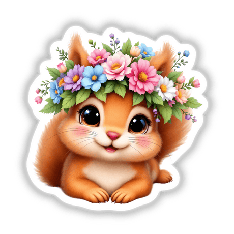 Charming Squirrel with a Flower Crown: A cartoon squirrel adorned with a vibrant flower crown, available as stickers or digital art, perfect for adding whimsy to your decor.