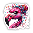 Pink Flamingo with Messy Hair Yarn Bun as a playful illustration, available as vibrant stickers or digital artwork, highlighting whimsical charm and quirky elegance from Decal Venue.