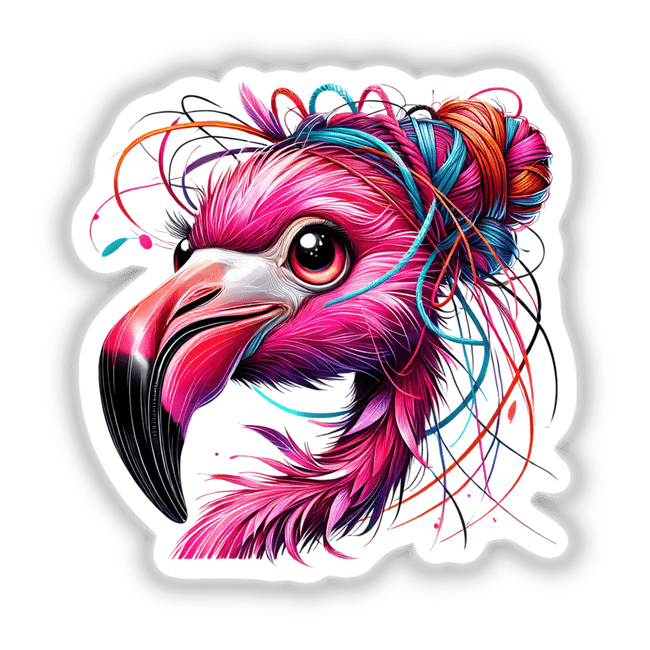 Pink Flamingo with Messy Hair Yarn Bun as a playful illustration, available as vibrant stickers or digital artwork, highlighting whimsical charm and quirky elegance from Decal Venue.