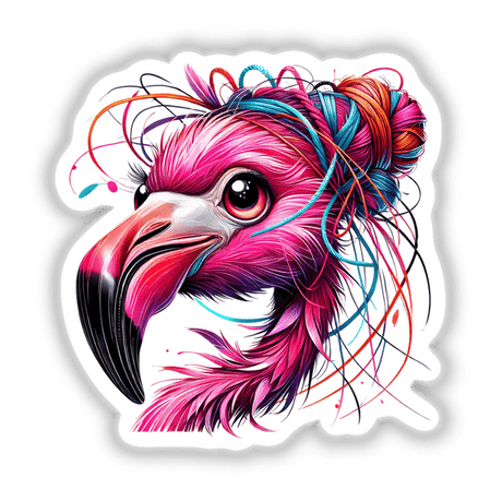 Pink Flamingo with Messy Hair Yarn Bun as a playful illustration, available as vibrant stickers or digital artwork, highlighting whimsical charm and quirky elegance from Decal Venue.