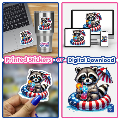 Collage of a raccoon holding a drink and umbrella with American flag float, perfect for patriotic summer. Available as stickers or digital artwork.
