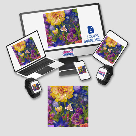 Autumn-themed stickers and digital artwork showcasing various devices screens displaying vibrant flower images, including a computer monitor, laptop, tablet, and smartphone, available at Decal Venue.