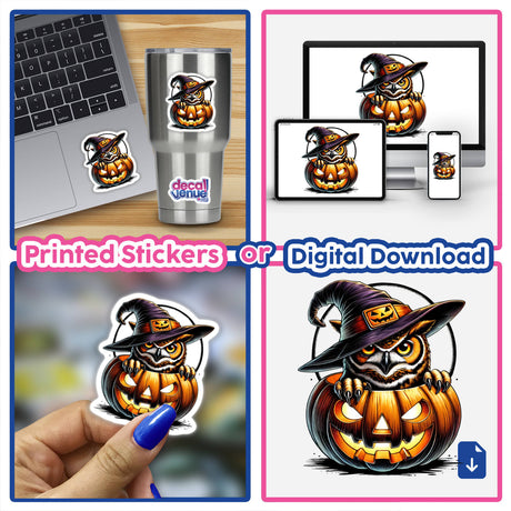 Whimsical Halloween owl peeking out of carved pumpkin, available as printed stickers or digital downloads from DecalVenue online store offering unique sticker designs and digital art.