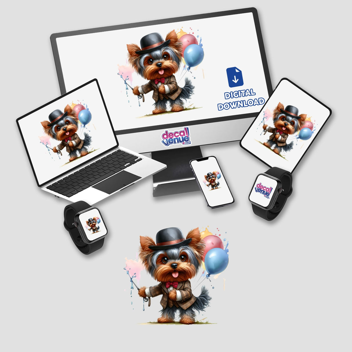 Colorful digital artwork of a Yorkshire Terrier dog wearing a top hat and holding balloons, displayed on various electronic devices.