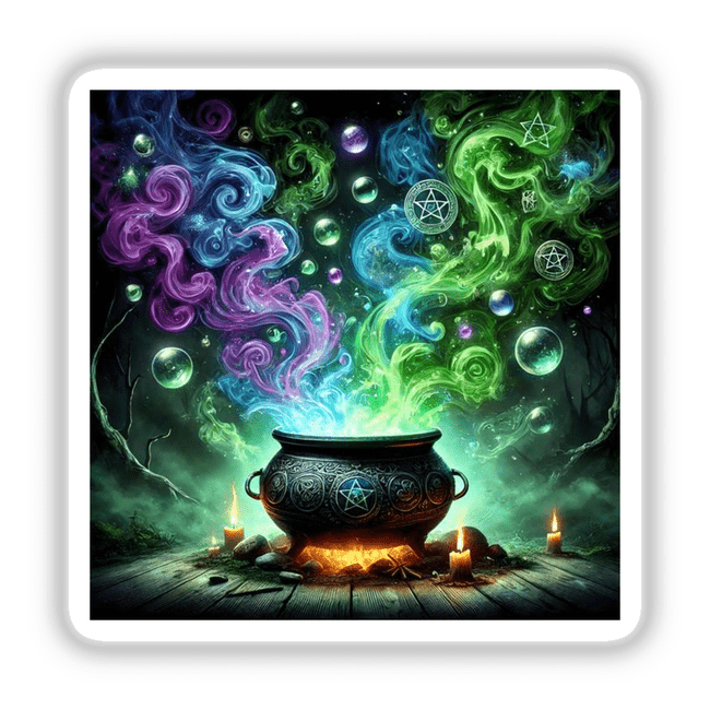 Witch's Brew - A Cauldron Overflowing with Magic: A black cauldron emitting colorful smoke, adorned with a star, perfect for wizarding-themed stickers or digital downloads.