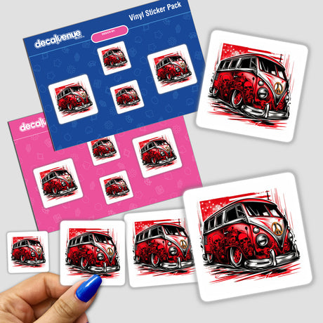 Retro red VW bus stickers, digital art pack with stylized illustrations, expressing vintage automotive design and style.