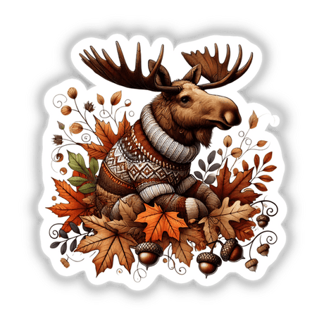 Whimsical autumn moose in cozy sweater surrounded by vibrant fall foliage and acorns