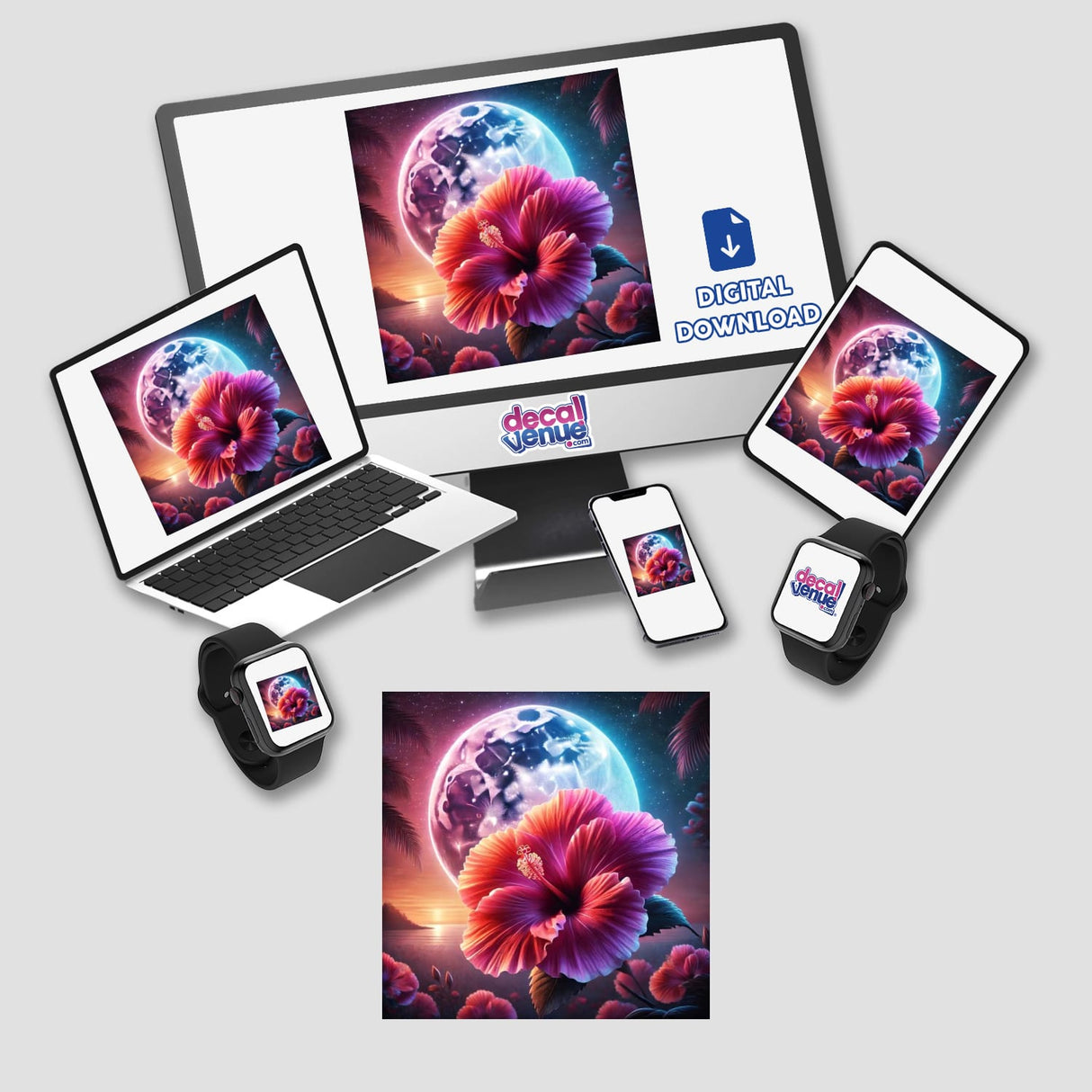 Twilight Hibiscus Blooming Under the Moonlight sticker and digital art featuring tropical flowers under a moonlit sky displayed on computer, laptop, tablet, and phone screens.