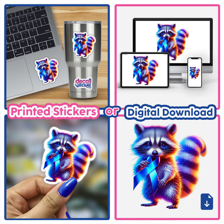 Raccoon Blue Ribbon Colon Cancer Awareness sticker featuring a raccoon holding a blue ribbon. Available as a vinyl sticker or digital artwork, perfect for supporting awareness campaigns.