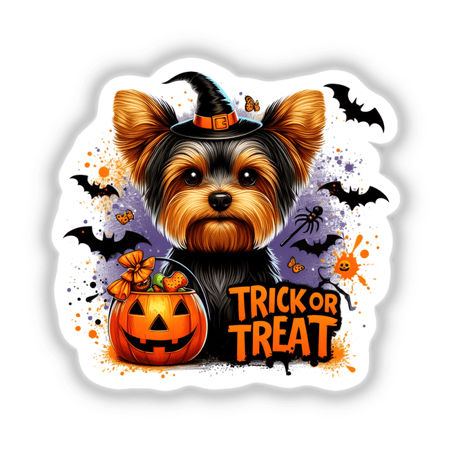 Halloween Trick Or Treat Yorkie Dog sticker or digital artwork featuring a cute dog in a hat, holding a pumpkin basket, surrounded by Halloween-themed elements like bats and cartoon pumpkins.