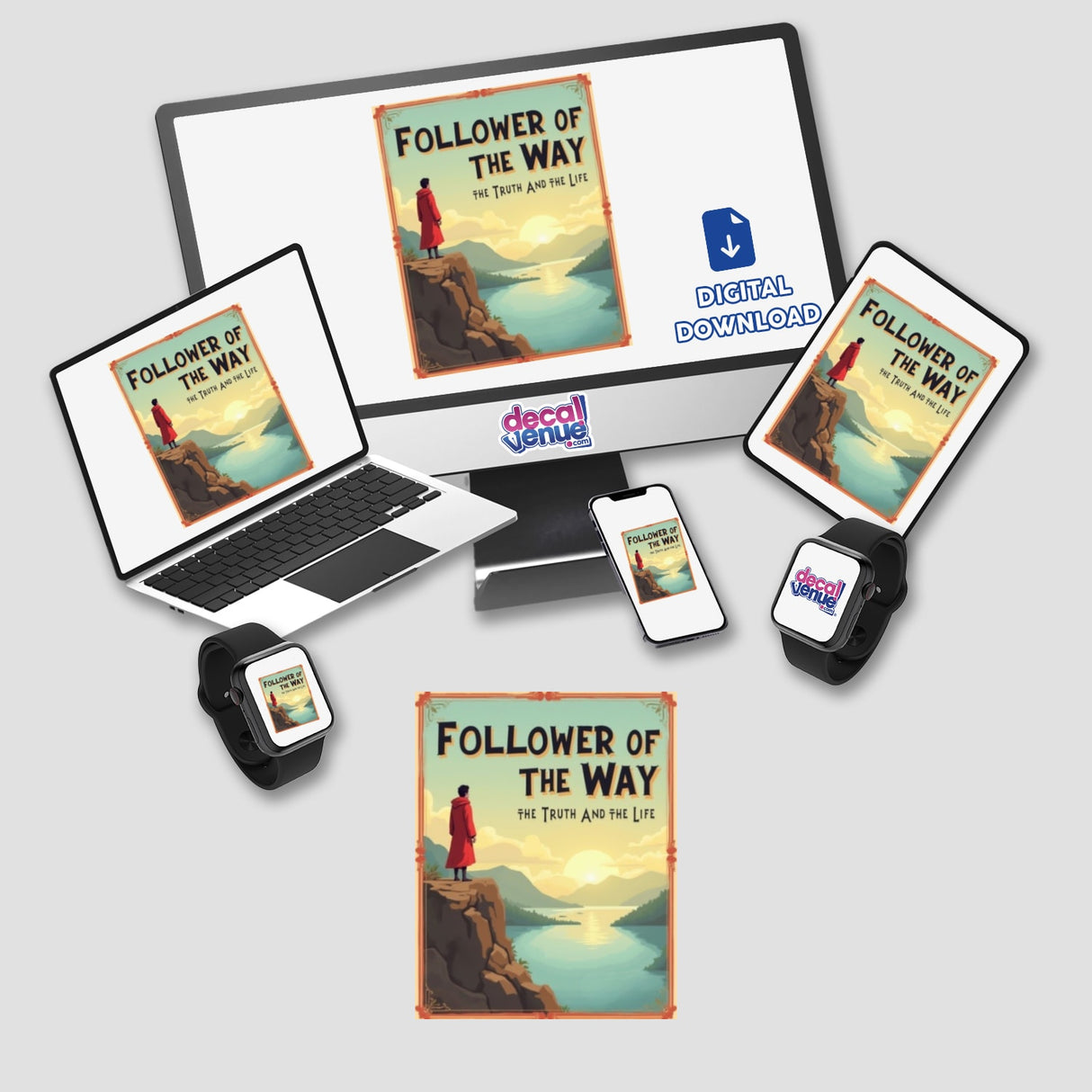 Vintage Christian Clipart Inspired by John 14:6 - Stickers or Commercial Rights Download shown on a computer monitor and laptop with a book, featuring a man standing on a cliff.