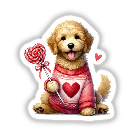 Goldendoodle Valentines Day Dog cartoon with a lollipop, wearing a sweater. Available as unique stickers and digital art, capturing the breed's charm for Decal Venue's collection.