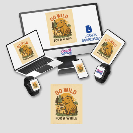 Go Wild for a While Sticker or Clipart features a cartoon capybara holding a flower. Suitable for commercial use, ideal for adding a playful nature-themed touch to projects.