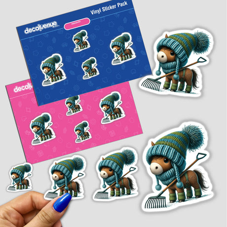 Sticker pack featuring a cartoon horse gnome wearing a hat and scarf, holding a rake. Available as stickers or digital artwork.