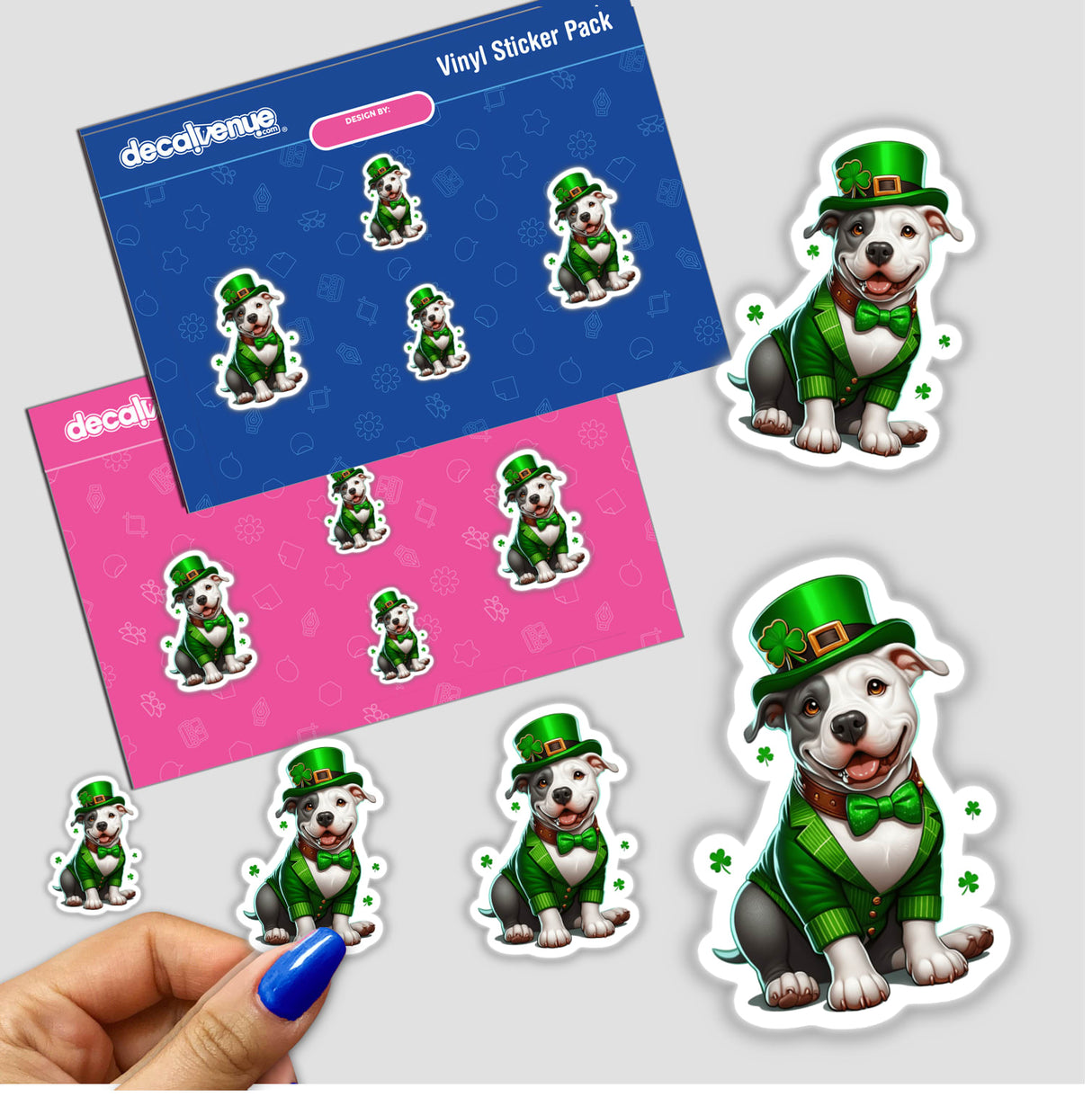 Leprechaun Pitbull Dog sticker pack featuring cartoon dogs in green suits and hats, available as unique vinyl stickers or digital artwork from Decal Venue.