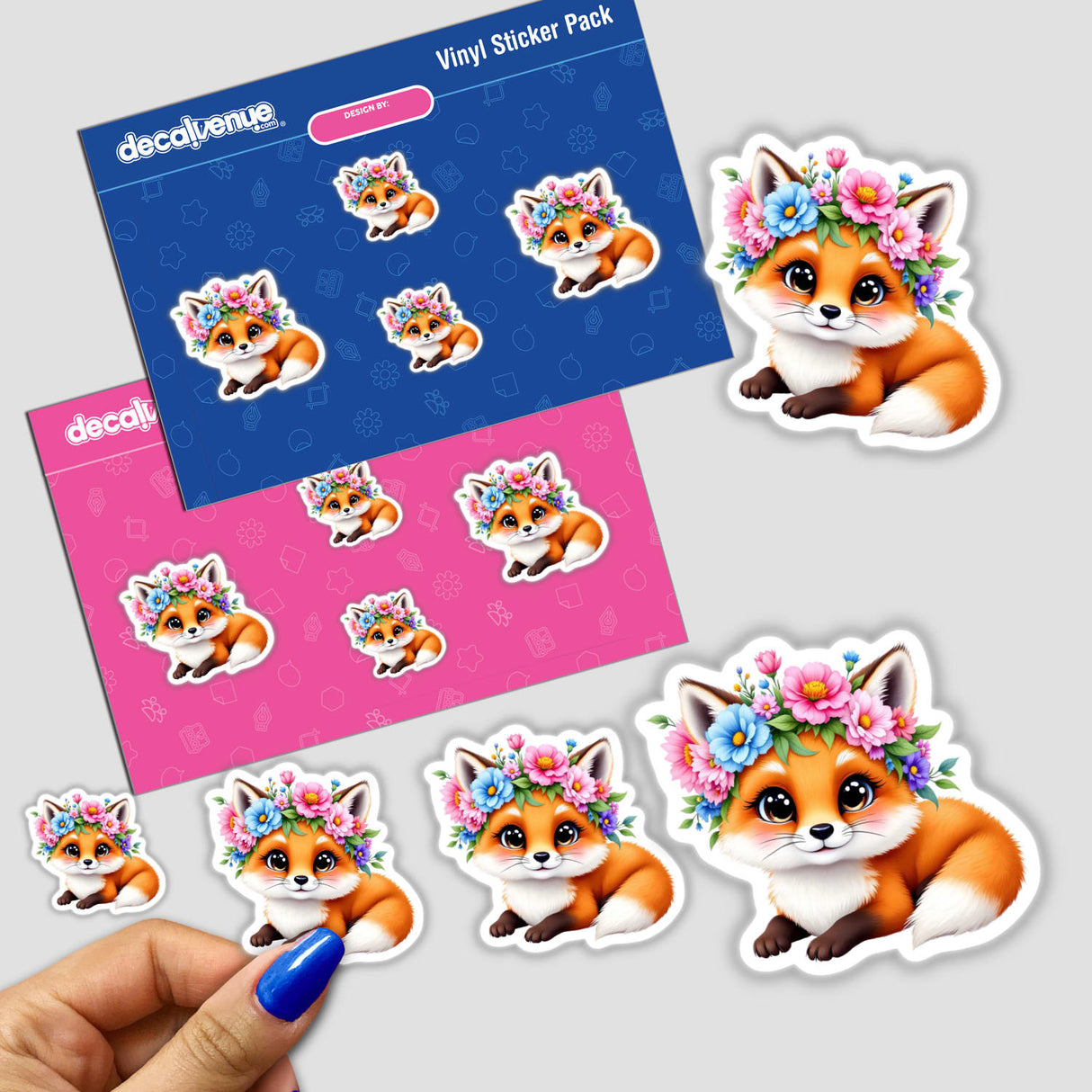Charming Fox with a Blooming Flower Crown sticker, featuring a cartoon fox adorned with floral elements, held in hand. Ideal for adding whimsical charm to your collection from Decal Venue.