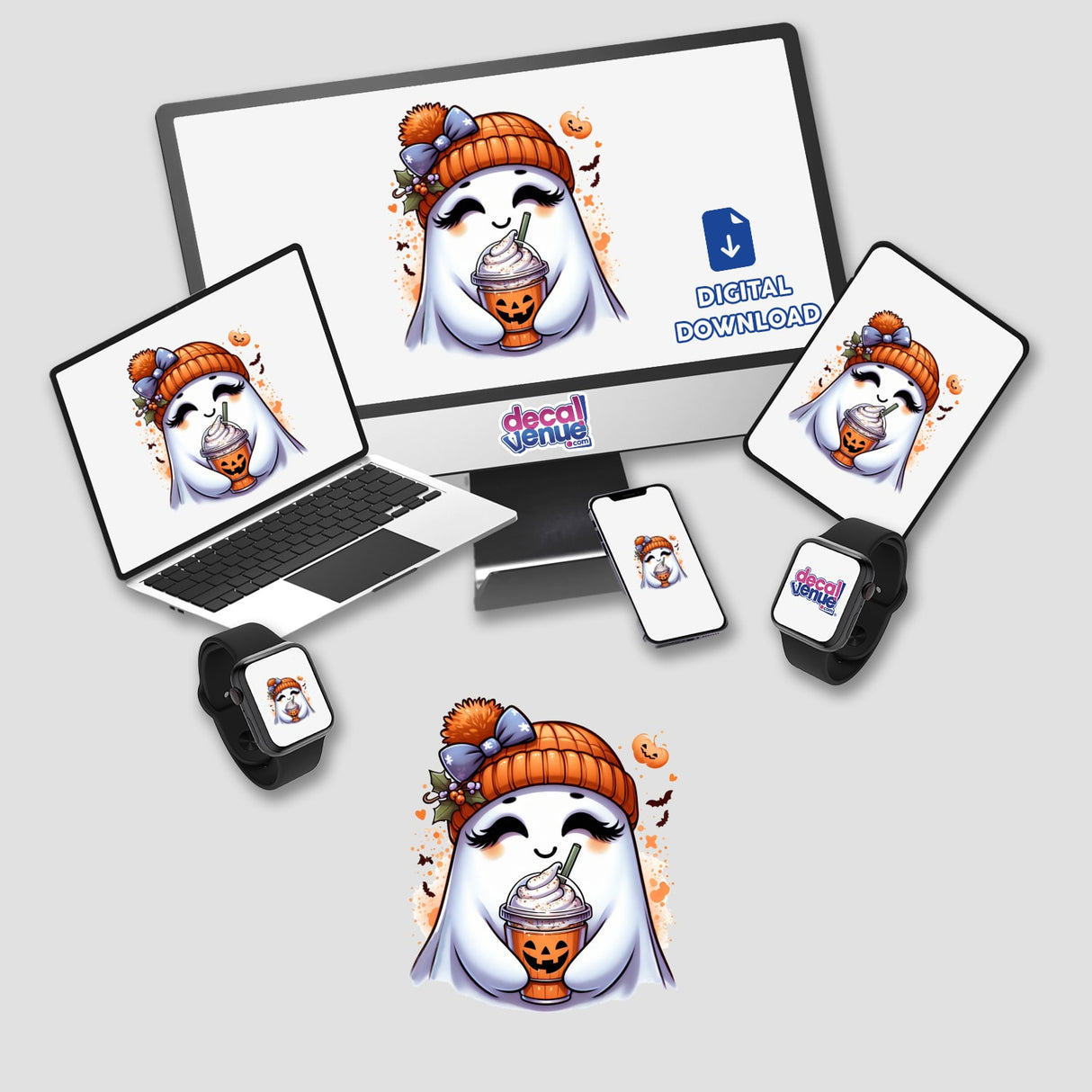 Pumpkin Spice and Everything Nice Cute Ghost digital artwork features a cartoon ghost holding a coffee cup, displayed on a laptop and monitor. Available as stickers or digital artworks.