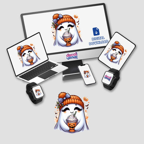 Pumpkin Spice and Everything Nice Cute Ghost digital artwork features a cartoon ghost holding a coffee cup, displayed on a laptop and monitor. Available as stickers or digital artworks.