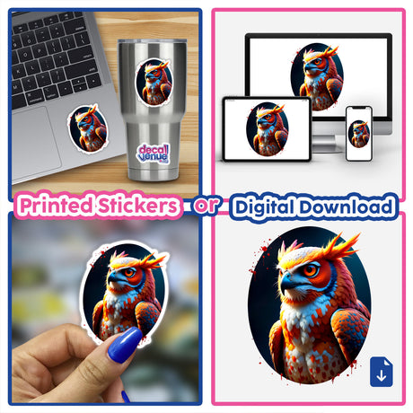 A collage featuring A Cool Hybrid Hawk Owl sticker and digital artwork, showcasing various detailed owl designs, including one on a laptop.