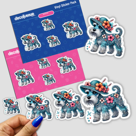 Colorful schnauzer dog stickers in summer beach-themed hats and hibiscus floral designs, presented in a Vinyl Sticker Pack from Decal Venue's digital art collection.