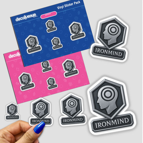 Ironmind – RPG-Style Skill Badge features a silver emblem depicting mental focus, available as stickers or digital artwork. Perfect for fans of unique vinyl designs and digital art enthusiasts.