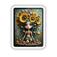 Sunflower Girl artwork features a whimsical girl with sunflower eyes and a crown of vibrant blossoms, surrounded by floating orbs, capturing innocence and wonder. Available as unique stickers or digital art.
